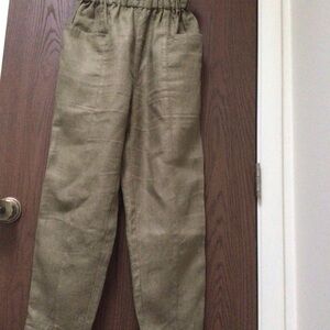 OZMA pants 100% linen olive green pockets pull on, elastic waist, sz S